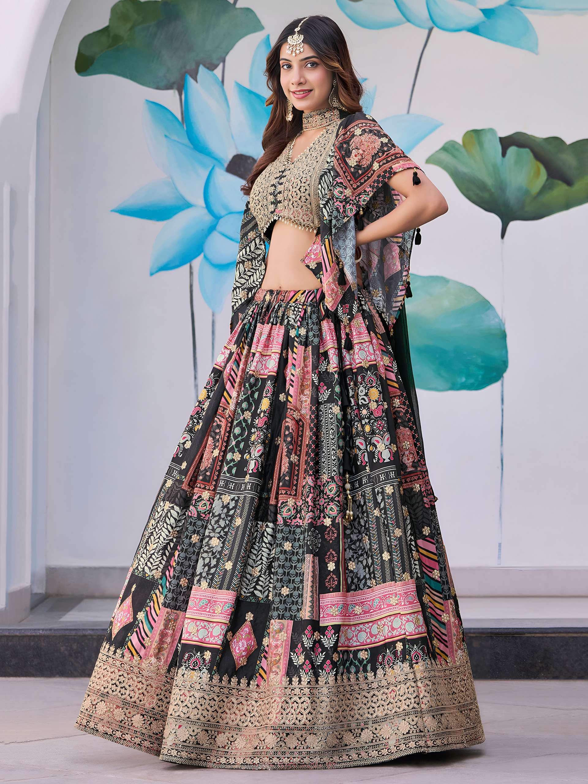 Black Multicolor in Chinnon Silk Royal and Heritage fabric Lehenga Choli wholesale in surat 7050 Black 